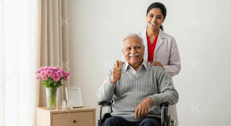 Smiling Senior Indian Man in Wheelchair with Caring Doctor
