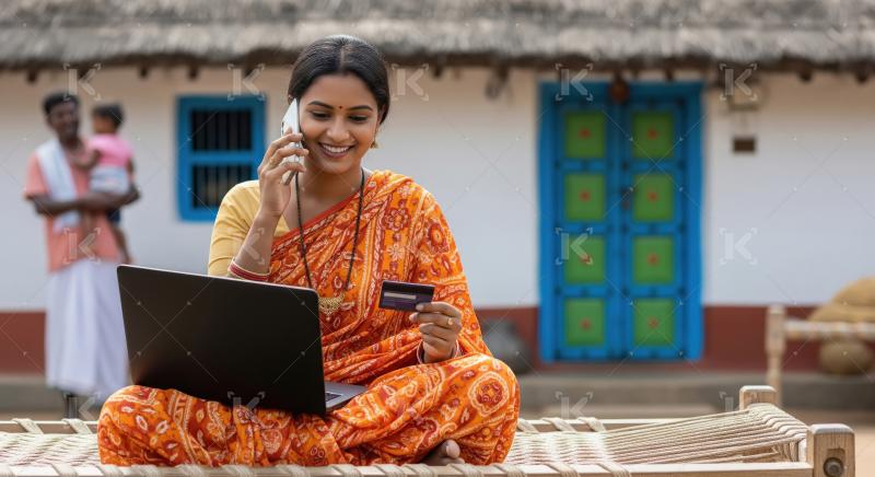 Happy Indian Woman Making Online Payment in Village Setting
