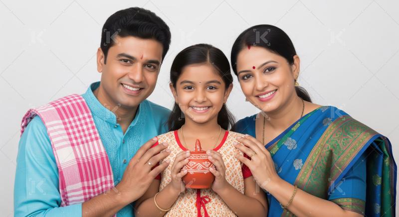 Happy Indian Family with Traditional Pot Celebration