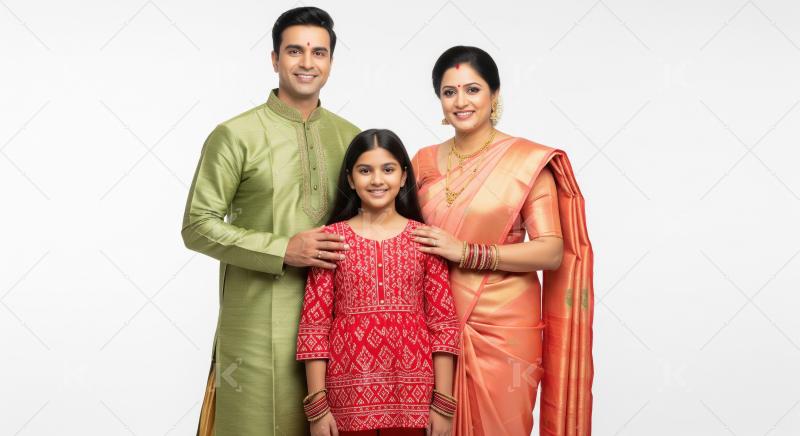 Happy Indian Family in Traditional Attire Smiling on White Backg