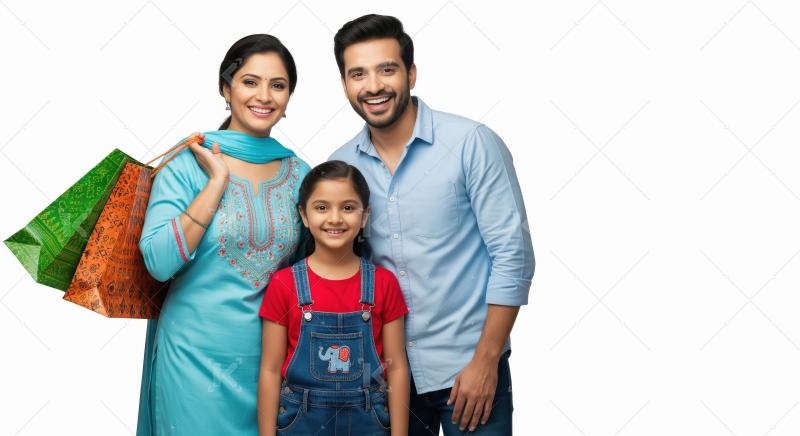 Happy Indian Family with Shopping Bags Smiling on White Backgrou