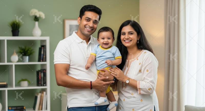 Happy Indian Family with Baby Smiling in Living Room