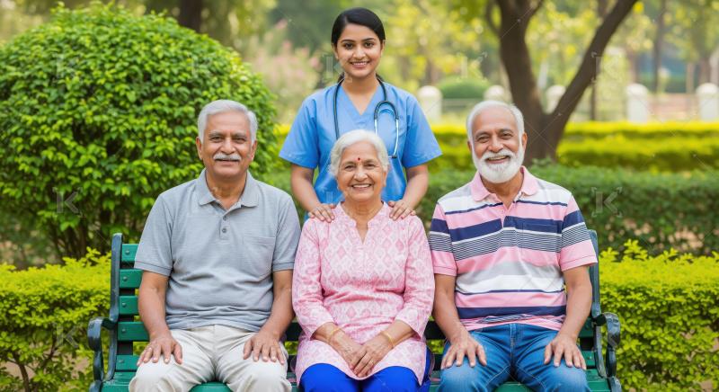 Indian Nurse and Happy Senior Citizens Enjoying Park Together