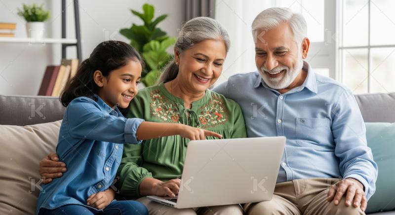 Happy Indian family using laptop at home
