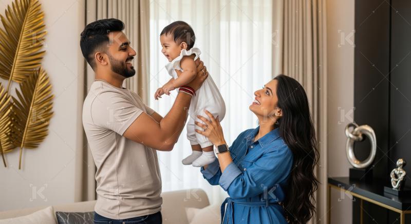 Joyful Indian Parents Playing with Happy Infant at Home