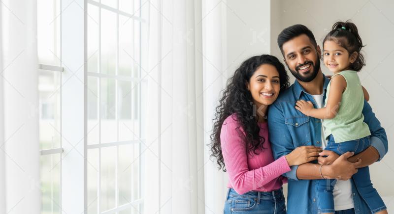 Happy Indian Family Smiling at Camera by Window