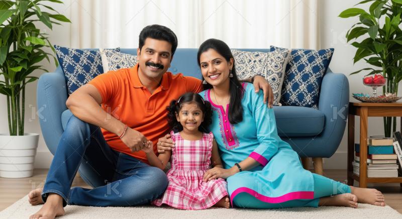 Happy Indian family sitting together in their living room