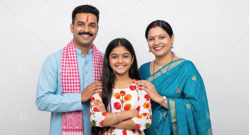 Happy Indian Family Smiling Together on White Background