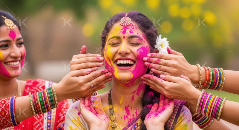 Joyful Indian Women Celebrating Holi with Vibrant Colors