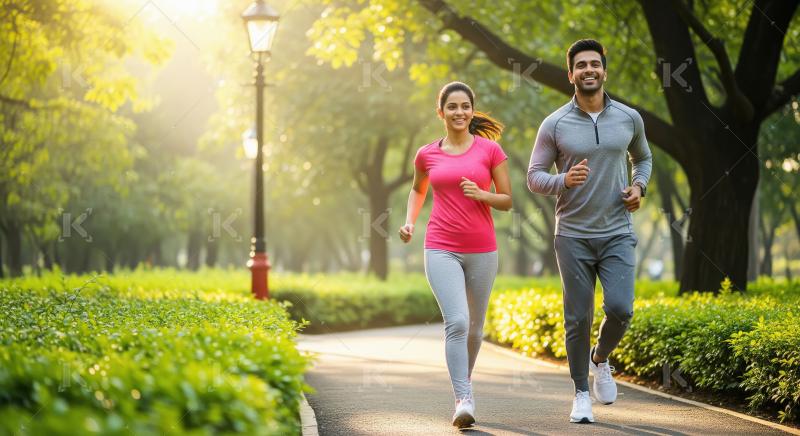 Happy Couple Jogging in Lush Green Park at Sunrise