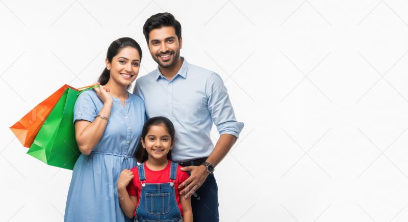 Smiling Indian family posing with colorful shopping bags