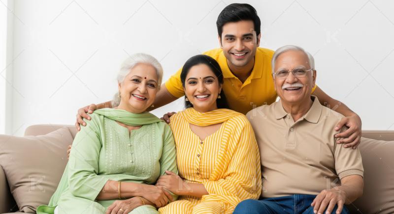 Happy Indian Family Generations Smiling Together on Sofa
