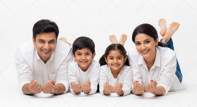 Happy Indian Family Lying Together Smiling Against White Backgro