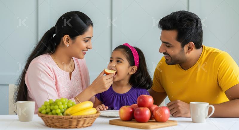 Happy Indian Family Enjoying Healthy Fruit Snack Together