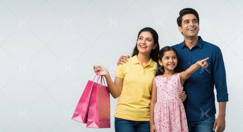 Happy Indian Family Shopping and Pointing Upwards