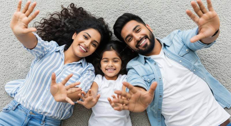 Happy Indian family lying on carpet, extending hands