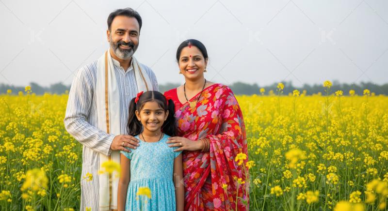 Happy Indian Family Portrait in Golden Mustard Field