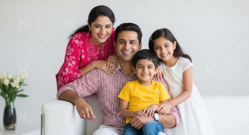 Happy Indian Family Smiling Together on White Sofa