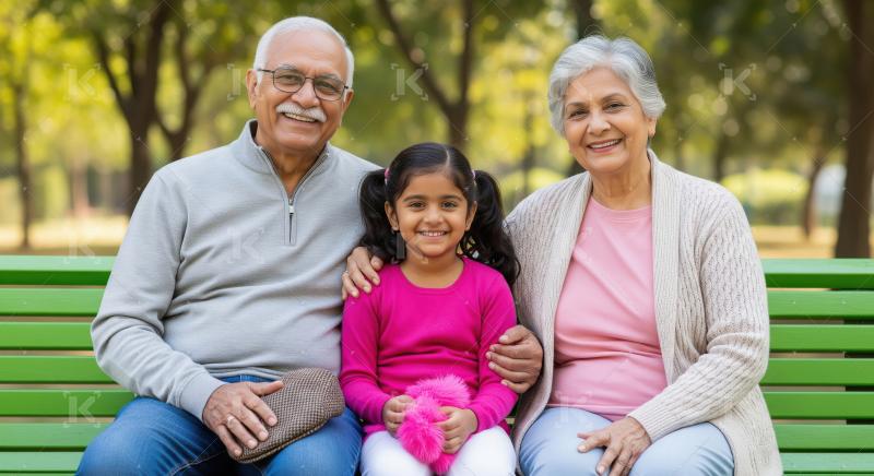 Happy Indian Grandparents and Granddaughter Smiling in Park Benc