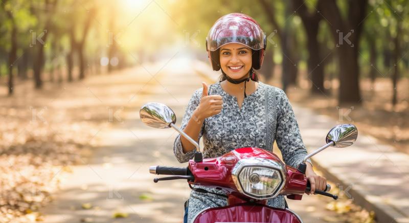 Happy Indian Woman Riding Scooter Giving Thumbs Up