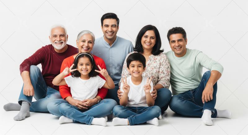 Happy Multi-Generational Indian Family Sitting Together Smiling