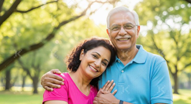 Happy Indian Senior Couple Embracing in Sunny Park