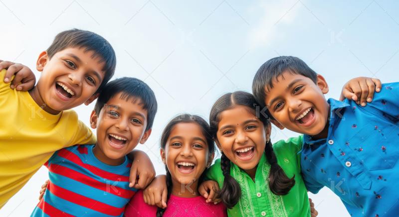 Happy Indian children smiling, hugging together, looking at came