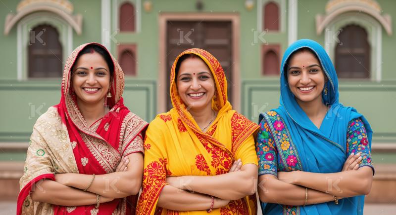 Three Happy Indian Women Smiling in Traditional Attire