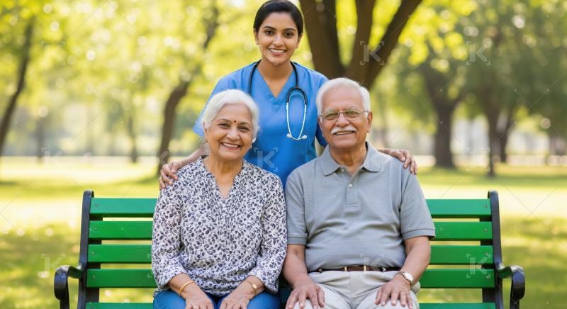 Smiling Indian nurse and elderly couple enjoying park bench