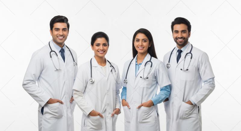 Smiling Indian doctors team in lab coats with stethoscopes