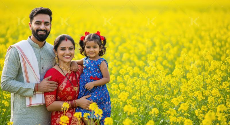 Happy Indian Family in Vibrant Yellow Mustard Field
