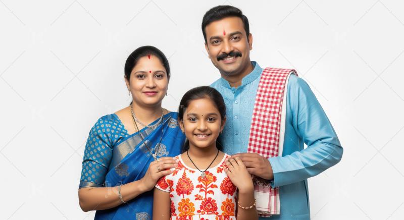 Happy Indian Family Portrait Against White Background