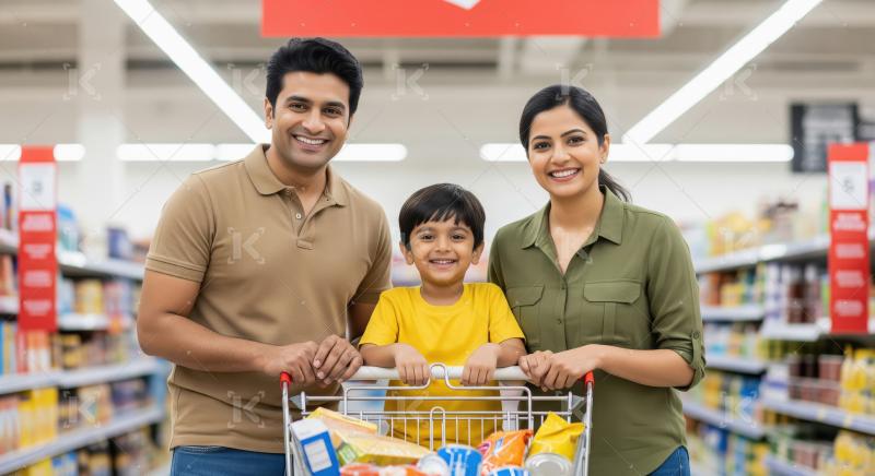 Happy Indian Family Grocery Shopping in Supermarket