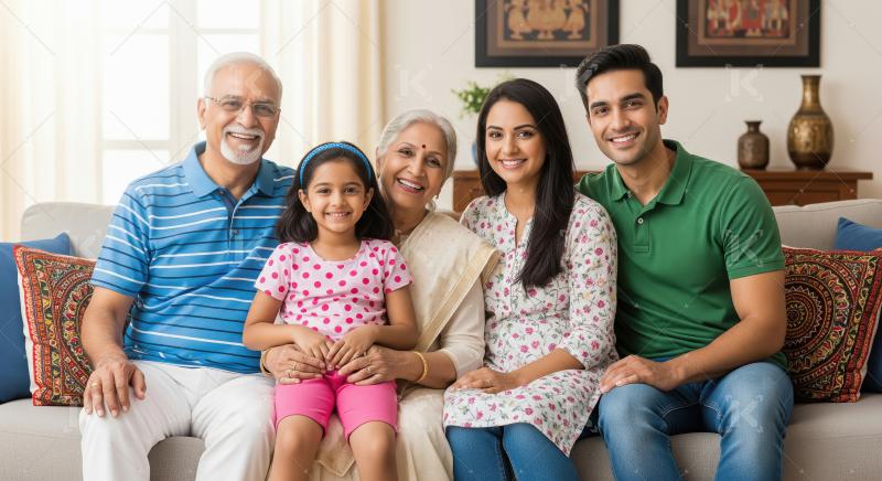 Happy Indian Multi-Generational Family Sitting Together on Sofa