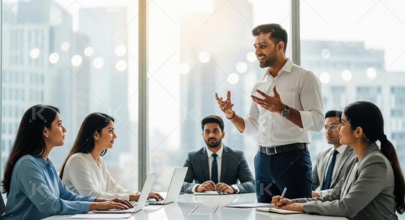 Indian Business Professionals Discuss Ideas in Modern Office Mee