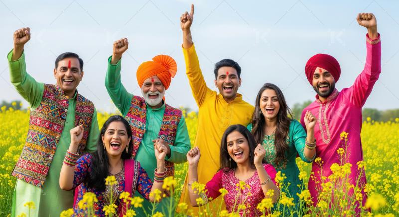Joyful Indian Family and Friends Celebrating in Mustard Field