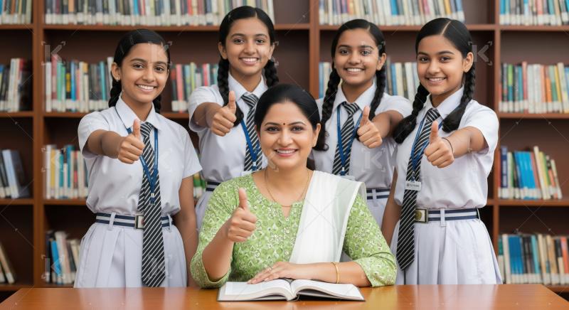 Happy Indian Teacher and Students Giving Thumbs Up in Library
