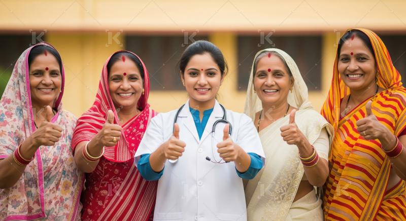 Smiling Indian Doctor and Rural Women Show Thumbs Up