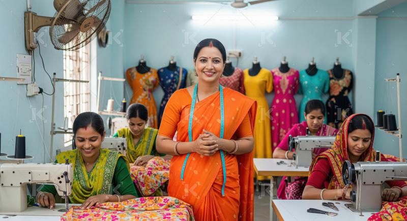 Indian Woman Tailor Oversees Workers in Garment Factory