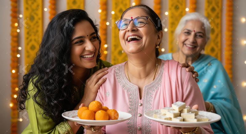 Joyful Indian Family Celebrating Festival with Traditional Sweet