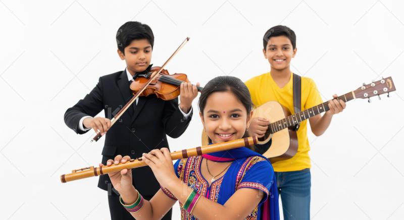 Young Indian Musicians Playing Flute, Violin, and Guitar