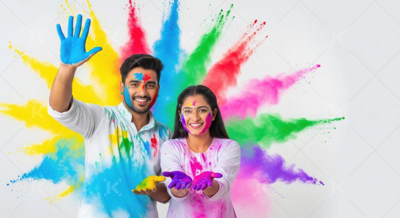 Happy Indian couple celebrating Holi with vibrant color powder