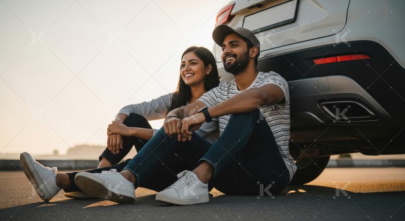 Happy Couple Enjoying Sunset Road Trip By Their Car