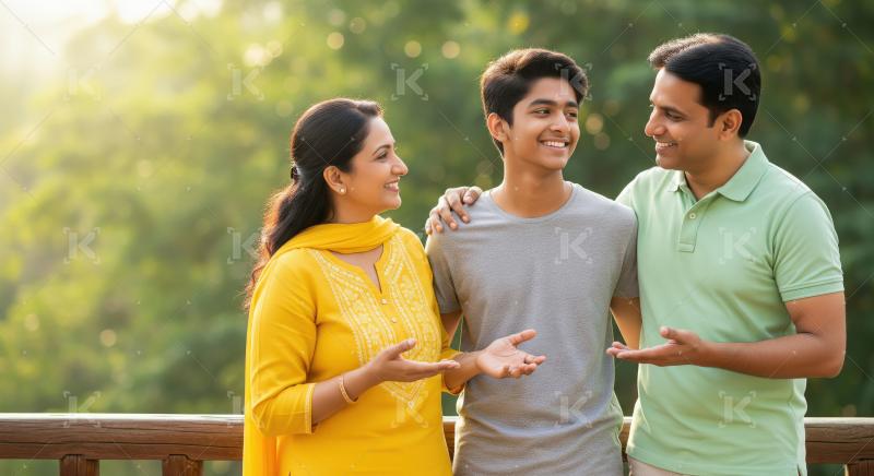 Happy Indian Family Bonding Outdoors with Smiling Teenage Son