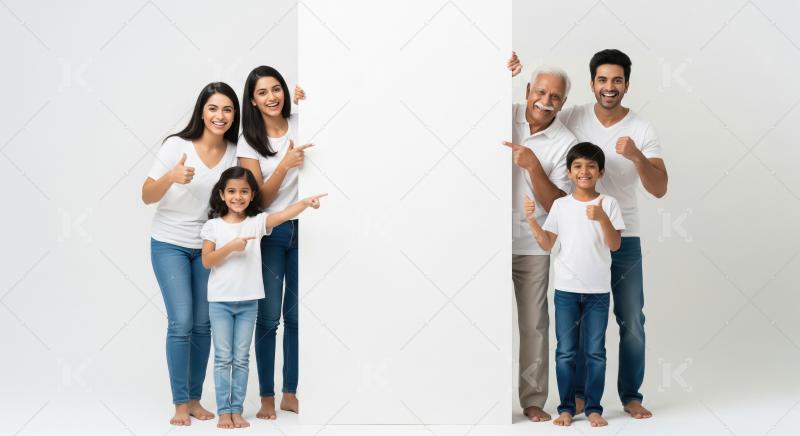 Happy Indian Families Presenting Blank White Promotional Banner