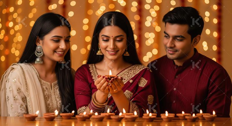 Indian Family Celebrating Diwali with Traditional Diyas and Ligh