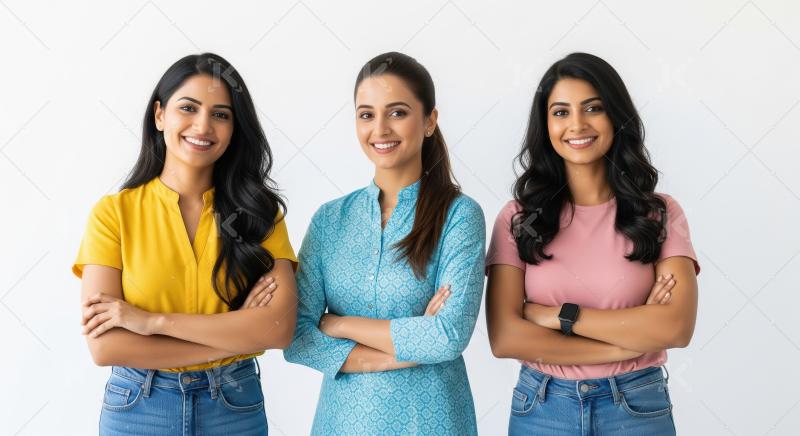 Three Smiling Indian Women Standing Confidently Against White Ba