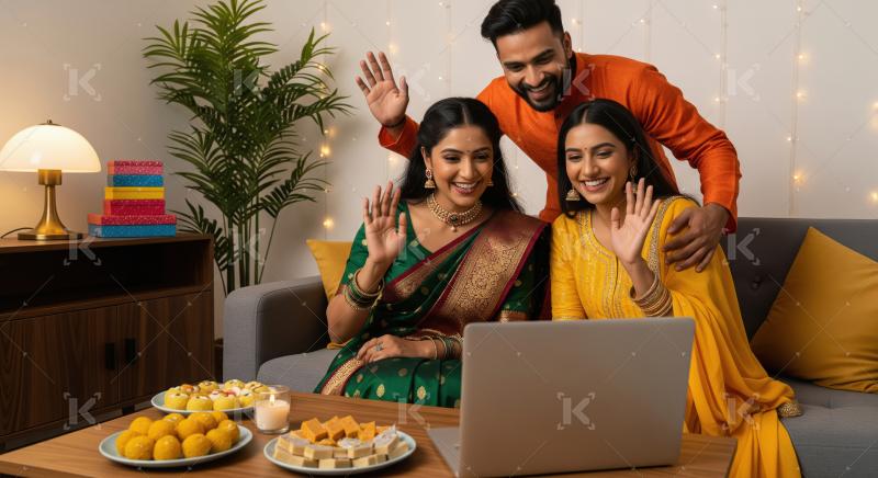 Joyful Indian Family Celebrates Festival with Video Call