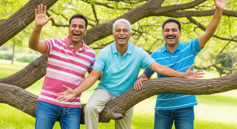Three Happy South Asian Men Waving in Park