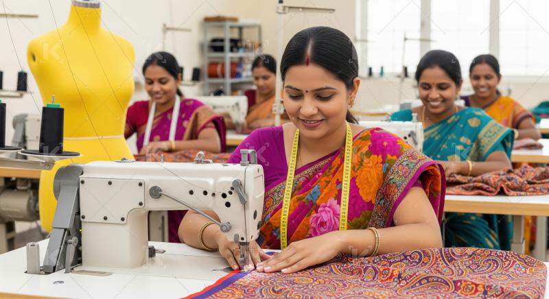 Happy Indian Women Sewing Garments in a Textile Workshop
